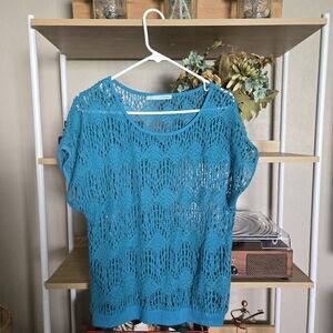 Maurices Crochet Turquoise Top Open-Knit Round Neck Summer Blouse Womens Small